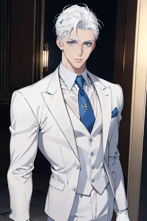 ((master part:1.2, best quality)), 4k, 1 man, adult, mature, Handsome, very short hair, forehead, white suit, portrait, Extremely detailed face, defined body, light blue eyes, white hair, white gloves (Muscle:1.4, broad shoulders:1.4, disciplined body)