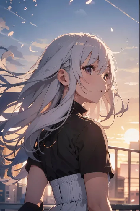 On the rooftop during golden hour、Night city skyline in the background, A beautiful Japanese woman is photographed from behind, towards the camera. She wears a white swimsuit, Minimalist white swimsuit, Her long silver hair is blowing gently in the wind. A...