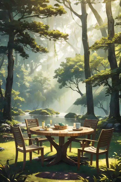 Amidst the tranquil sun-kissed forest, a 16:9 frame captures the allure of a wooden table, nestled within the ethereal vestibule of nature. The tabletop, impeccably flat, plays host to a Bluetooth speaker adorned with aesthetically pleasing contours and a ...