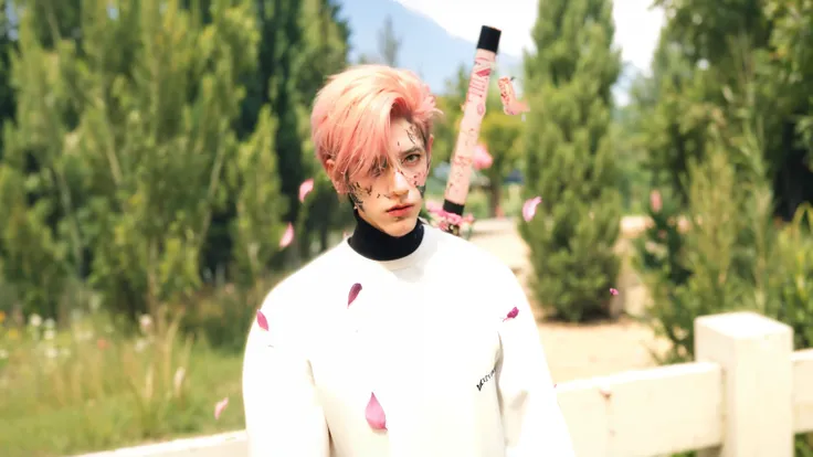 there is a man with pink hair and a white shirt, delicate androgynous prince, ethereal flowerpunk, pink wispy hair, ! split hair dye!, with pink hair, rose hair, floralpunk, pink iconic character, flowing pink hair, xqc, pink skin, smooth pink skin, pink m...