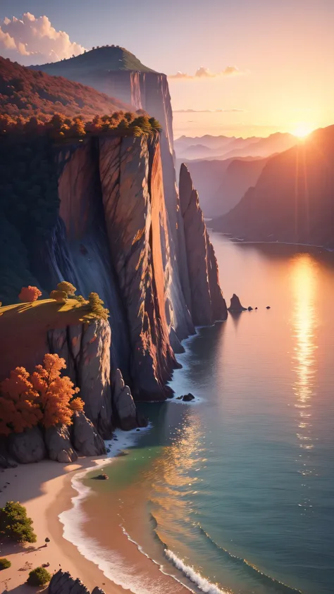 sunset, landscape, water, (very detailed CG unity 8k wallpaper), the most beautiful artwork in the world, professional majestic oil painting, intricate, high detail, clear focus, dramatic, realistic painting art, blue sky.