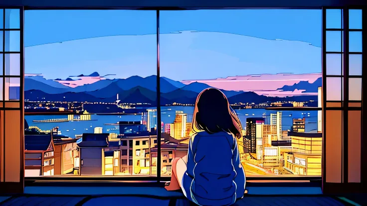 city pop、girl、anime、night view、Cat、relax、You can see the townscape from the window、Wearing headphones、night viewを眺めている、The wind is blowing、inside the room、dim、indirect lighting、reading a book、Foliage plant、Taken from a little distance、looking out the windo...