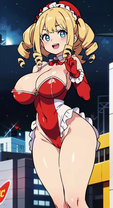 (Perfect body),highest quality,(8k photo),(official art)、(NSFW)、Anime Screen Capture、(obesity)、blush、1 girl,((((:d))))、((bullish look、put your hand on your waist、legs spread)),(((huge breasts)))、(((thick thighs、big ass)))、((blonde hair))、(((Drill perm)))、(...