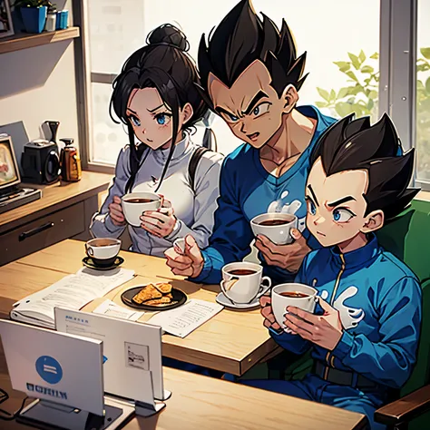 Vegeta from Dragon Ball drinking coffee with milk