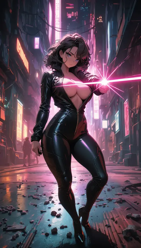 cyberpunk style，30-year-old mature and charming woman，Leather jumpsuit covers the whole body，full breasts，High-heeled leather shoes，Pointing a laser gun at me，open fire，（There are many small pieces of gravel floating in the air around me.:1.5），Beautiful，Gl...