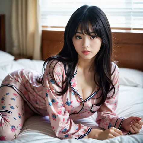 Best-quality, Masterpiece, Ultra-High-Resolution, (Photorealistic:1.4), Raw-Photo, 1girl, 15-years-old, the most famous Japanese idol, at bedroom, on bed, (((completely-drunk))), wearing extremely gorgeous pajamas, (extremely cute face like the most popula...