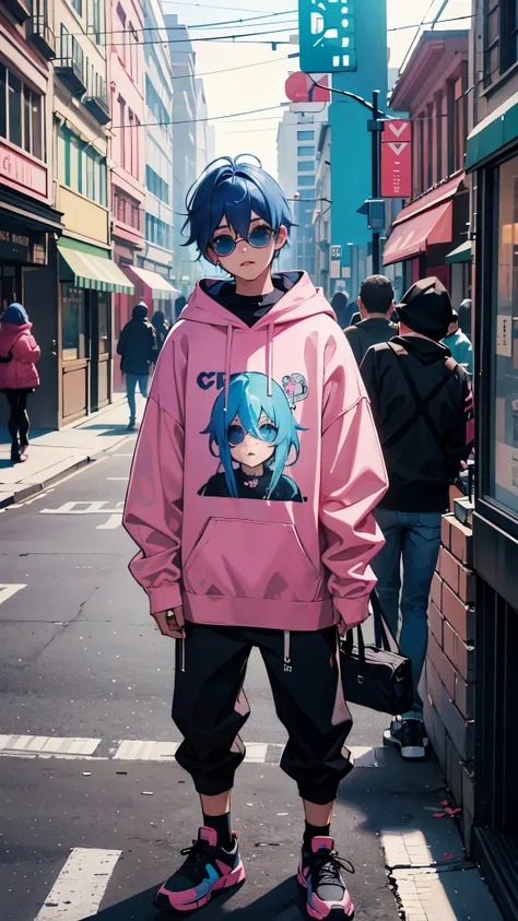 a man with blue hair usando una sudadera con capucha rosa and sunglasses, moda urbana, wearing ropa de calle ciberpunk, ropa de calle ciberpunk, usando una sudadera con capucha rosa, mujer en ropa de calle, ella lleva ropa de calle, ropa de calle, vistiend...