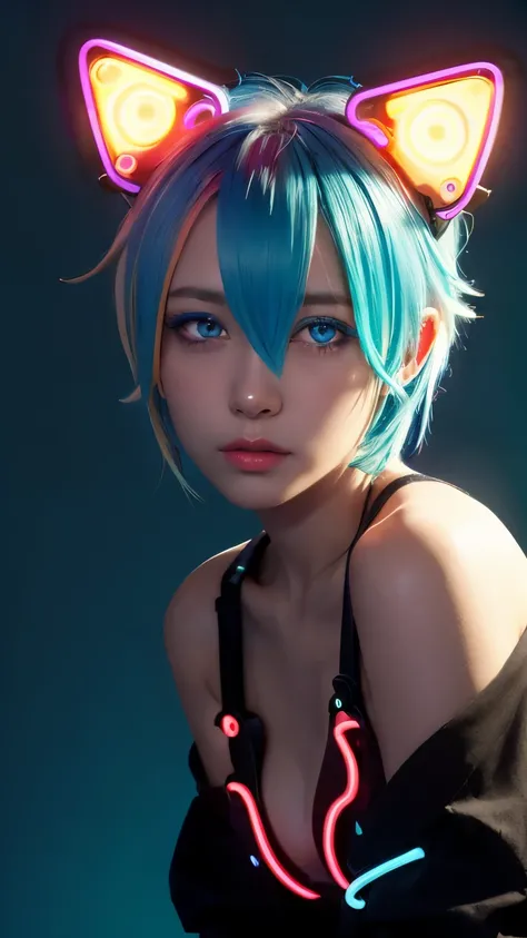 masterpiece, highest quality, 4K, Photorealistic, bokeh, enlightenment,1 perfect portrait of a girl, (A fascinating eye for perfect detail:1.2), colorful hair, (gradient hair), (neon blue hair:1.6), (Cat ear:1.2), fantasy background, (exposed bare shoulder...