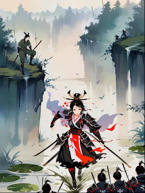 watercolor concept art by Benedick Bana (perspective from above ) 1girl, charging forward , detailed face, beautiful woman in fantasy samurai armor, trudging through misty swamp in middle of multiple army battlefield, marshlands, foggy, cloudy, wearing sur...