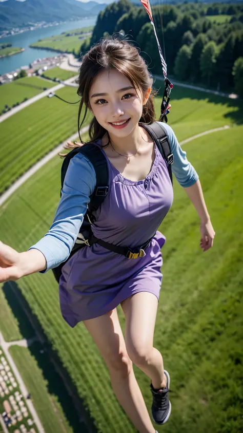 Beautiful 18 Years Korean Girl, Paragliding On switzerland alaps valley, ((On air)), ((Paragliding)), Solo, Air, Realistic, Ultra HD, 8k unity walpaper, Ray Tracing, Beautiful smile, (smile:1.2), Purple Knee length frock, detailed background, Detailed skin...