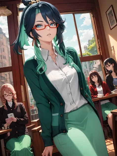 (masterpiece, best quality), 1girl, xianyun, glasses,ponytail, red-framed eyewear, under-rim eyewear,ponytail,
break (cardigan a...