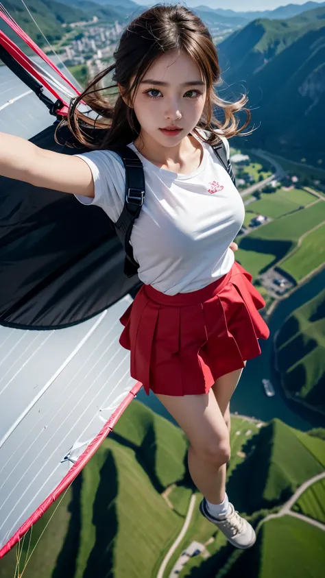 Beautiful 19 Years Korean Girl, Paragliding On switzerland alaps valley, ((On air)), ((Paragliding)), Solo, Air, Realistic, Ultra HD, 8k unity walpaper, Ray Tracing, slightly open mouth , (Red tight T-shirt), (pink Tight skirt), (skirt : 1.2), (Upper body ...