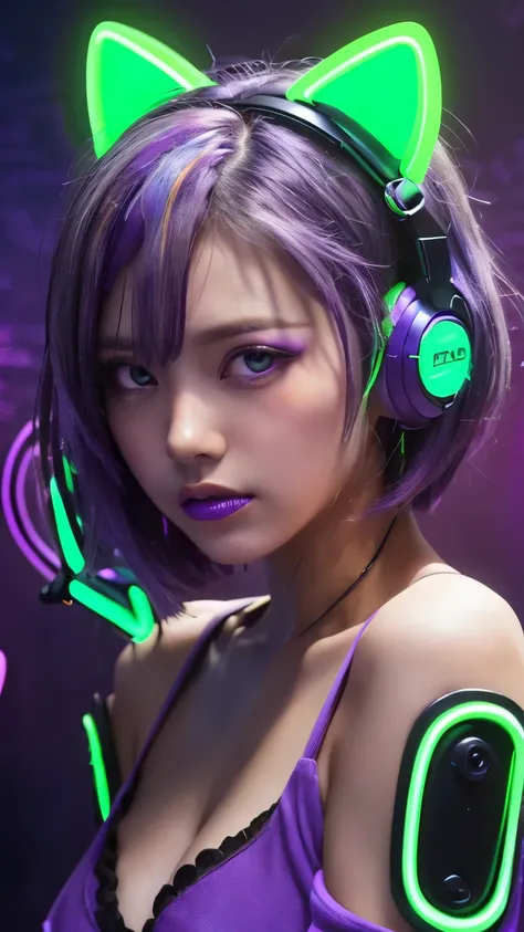 (Neon purple thema:1.2), masterpiece, highest quality, 4K, (Photorealistic), bokeh, enlightenment,(1 perfect portrait of a girl), (A fascinating eye for perfect detail:1.2), colorful hair, (gradient hair), (neon purple soft hair:1.6), (Cat ear:1.2), fantas...