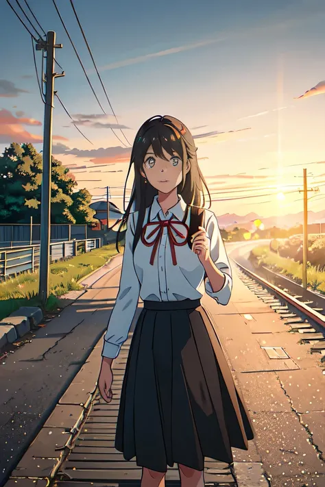 Train station line, long dark-haired girl in summer uniform, paved road with tracks and road signs, sunset in background, strobe shot, underexposed, soft focus, sunset in background, lens flare and vignetting.