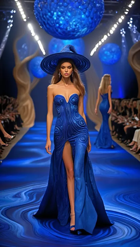 in style of Alex Grey,(Photos of female models walking the runway in sapphire blue ocean high class boutique）,high class boutique, witch clothes，Paris fashion show scene，Catwalk scene，（Full body female love：1.37）.Beautiful shoe background：The stepped stage...