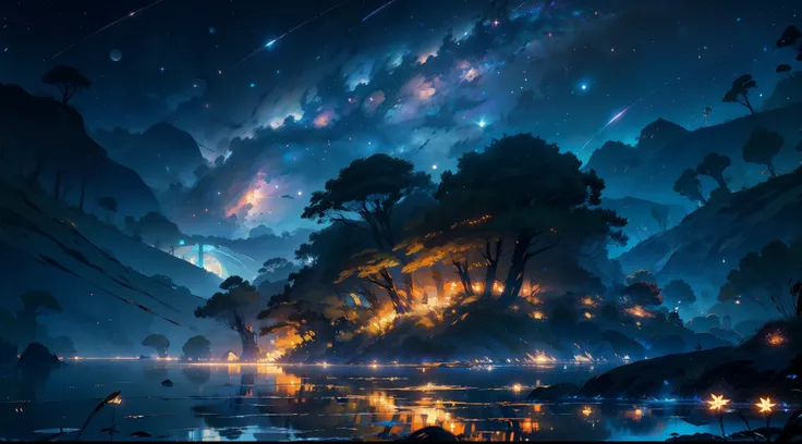 main part, Gorgeous, landscape, (((no_Humanos))), night, Floral, Floral园, starry sky, constellation, wonderful, Vision, water, Quint, accompaniment, Calm, meteor, cosmic, magic, magic, detailed, fair, ((Piri Lambos))