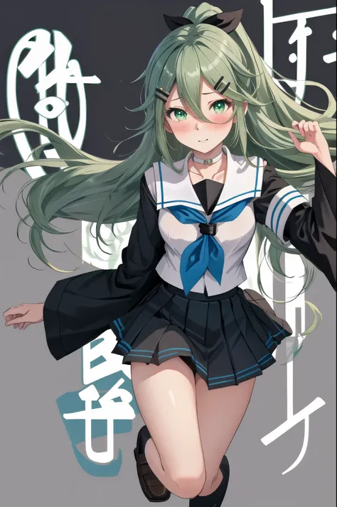 highest quality, masterpiece, high resolution, 一人in, {mountain wind_fleet collection:1.15}, green_hair, hair_between_eye, length...