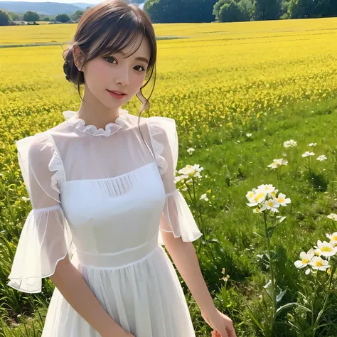 A sheer white frilled dress、shortcut、medium breasts、valley、A beautiful woman with a sense of transparency、cute、highest quality、upper body up、flower field in the background