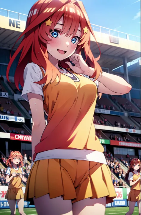 itsukinakano, itsuki nakano, bangs, blue eyes, hair between eyes, Ahoge, redhead, star (symbol), happy smile, smile, open your mouth,hair ornaments, star hair ornaments,(cheer leading), (whole body), big breasts, lower, (sweaty), sweaty Wet Clothes, (yello...