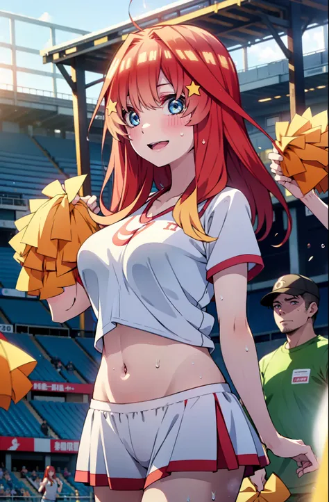 itsukinakano, itsuki nakano, bangs, blue eyes, hair between eyes, Ahoge, redhead, star (symbol), happy smile, smile, open your mouth,hair ornaments, star hair ornaments,(cheer leading), (whole body), big breasts, lower, (sweaty), sweaty Wet Clothes, (yello...