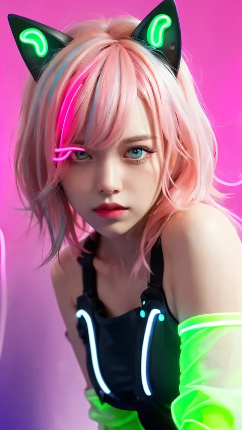 (Neon pink thema:1.2), masterpiece, highest quality, 4K, (Photorealistic), bokeh, enlightenment,(1 perfect portrait of a girl), (A fascinating eye for perfect detail:1.2), colorful hair, (gradient hair), (neon pink soft hair:1.6), (Cat ear:1.2), fantasy ba...