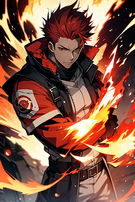 a male anime character with red hair medium height and lean body with fire element beast race