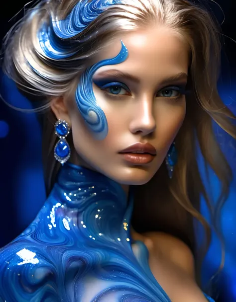 in style of alex grey,(photos of female models walking the runway in sapphire blue ocean high class boutique）,high class boutiqu...