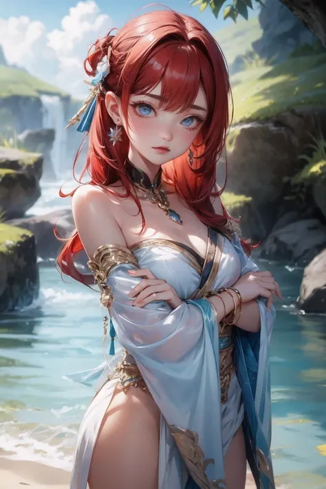 Ni Lou (Genshin Impact), behind the sea, 1 girl, background blur, Keep your mouth shut, bare arms, accessories, Nude sleeves, bare shoulders, Red hair, bracelet, necklace, Cowboy shooting, sideways