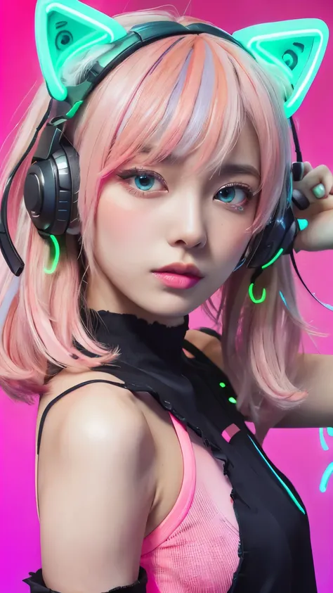 (Neon pink thema:1.2), masterpiece, highest quality, 4K, (Photorealistic), bokeh, enlightenment,(1 perfect portrait of a girl), (A fascinating eye for perfect detail:1.2), colorful hair, (gradient hair), (neon pink soft hair:1.6), (Cat ear:1.2), fantasy ba...