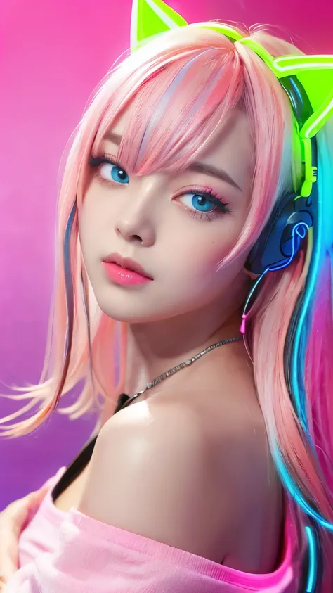 (Neon pink thema:1.2), masterpiece, highest quality, 4K, (Photorealistic), bokeh, enlightenment,(1 perfect portrait of a girl), (A fascinating eye for perfect detail:1.2), colorful hair, (gradient hair), (neon pink soft hair:1.6), (Cat ear:1.2), fantasy ba...