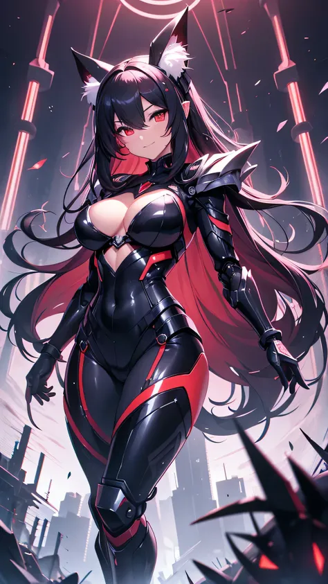 最high quality、best image quality、masterpiece、android girl((18-year-old、 By becoming、vest bust、medium bust,wide open breast tea、red glowing eyes, water hair、messy hair、long hair、thin,highest valley、Blue robot body、Shiny red body、Close ~ eyes、attack、Show the...