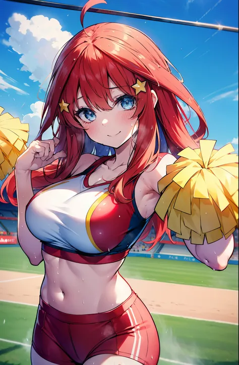 itsukinakano, itsuki nakano, bangs, blue eyes, hair between eyes, Ahoge, redhead, star (symbol), happy smile, smile, open your mouth,hair ornaments, star hair ornaments,(cheer leading), (whole body), big breasts, lower, (sweaty), sweaty Wet Clothes,()red c...