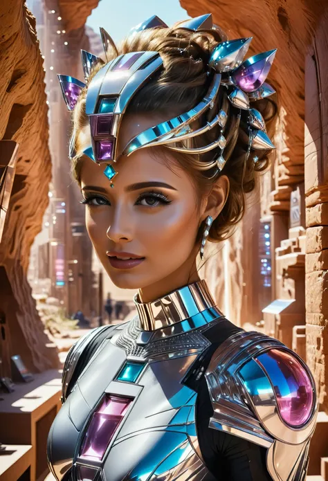 astronaut indian young influencer lady, a cyborg indian . she stands gracefully, adorned in traditional indian attire with a vib...