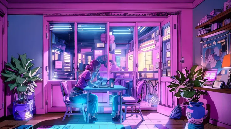 girls are traders, pink theme, style anime, computer, living room, in the computer screen is chart stock night light , (very det...