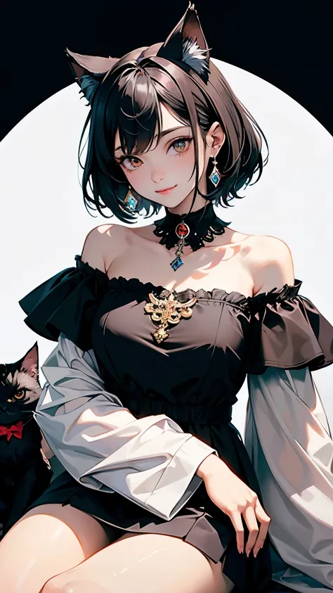 (highest quality, masterpiece, High resolution)、(anime art)、,cinematic light、soft light、girl、black hair、Persian Cat Costume、off shoulder、Cat ear、medium short hair、hair ornaments、choker、enchanting smile、Medium chest、Nyan Pose、Cat jarashi、((white background)...