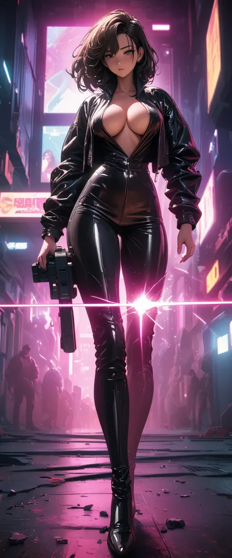 cyberpunk style，30-year-old mature and charming woman，Leather jumpsuit covers the whole body，full breasts，High-heeled leather shoes，Pointing a laser gun at me，open fire，（There are many small pieces of gravel floating in the air around me.:1.5），Beautiful，Gl...