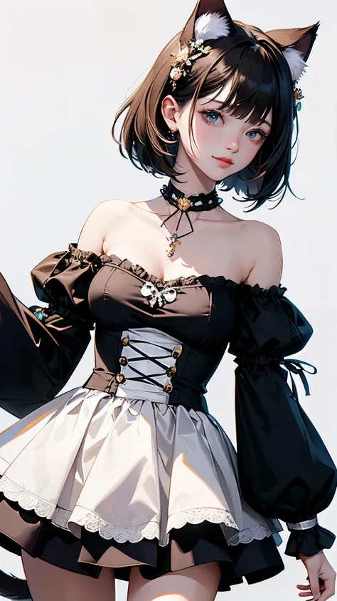 (highest quality, masterpiece, High resolution)、(anime art)、,cinematic light、soft light、girl、black hair、stripes々Cat Costume、off shoulder、Cat ear、bob cut、hair ornaments、choker、enchanting smile、Medium chest、Nyan Pose、Cat jarashi、((white background))、