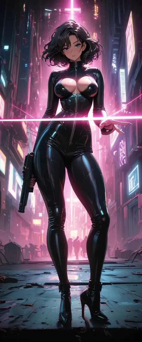 cyberpunk style，30-year-old mature and charming woman，Leather jumpsuit covers the whole body，full breasts，High-heeled leather shoes，Pointing a laser gun at me，open fire，（There are many small pieces of gravel floating in the air around me.:1.5），Beautiful，Gl...