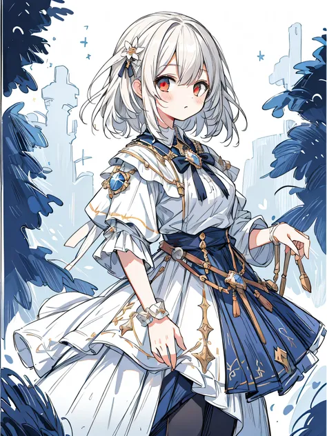 (masterpiece, highest quality:1.2), figure, absurd, High resolution, very detailed, one , with short white hair, red eyes, eye highlights, dress, Plump short sleeves, frills, outdoor, flower, Falling flower petals, Upper body, (moon:1.2), night, depth of f...