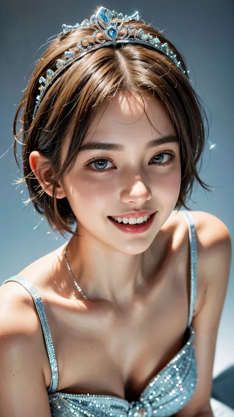 highest quality, masterpiece, ultra high resolution, (realistic:1.4), (portrait facing each other) Raw photo, 1 girl, 26 years old,((sister)),((Short hair with sparkly tiara)),((looking up at the viewer)),realistic,((Simple solid color background)), pictur...