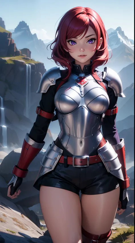 (Masterpiece, Best Quality, High Quality), facing viewer,volumetric lighting, illustration, beautiful, perfect lighting, perfect shadows,Nishikino maki , cowboy shot, (silver armor:1.2), short shorts, thighs, solo, (standing:0.8), purple eyes ,red hair ,in...
