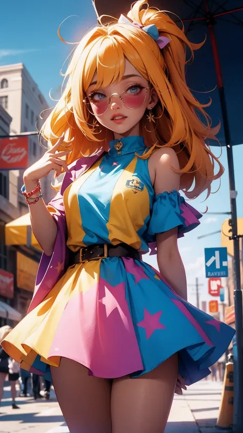 Cute Girl, /clown in omib style, illustrator, masterpiece, high quality, 8K, high resolution, high detail, smiley face, Transparent sunglasses, Movie overlay, bright colors, Cool and soft lighting, Chicago by night, The wind is blowing, Greg Rutkoky Styles