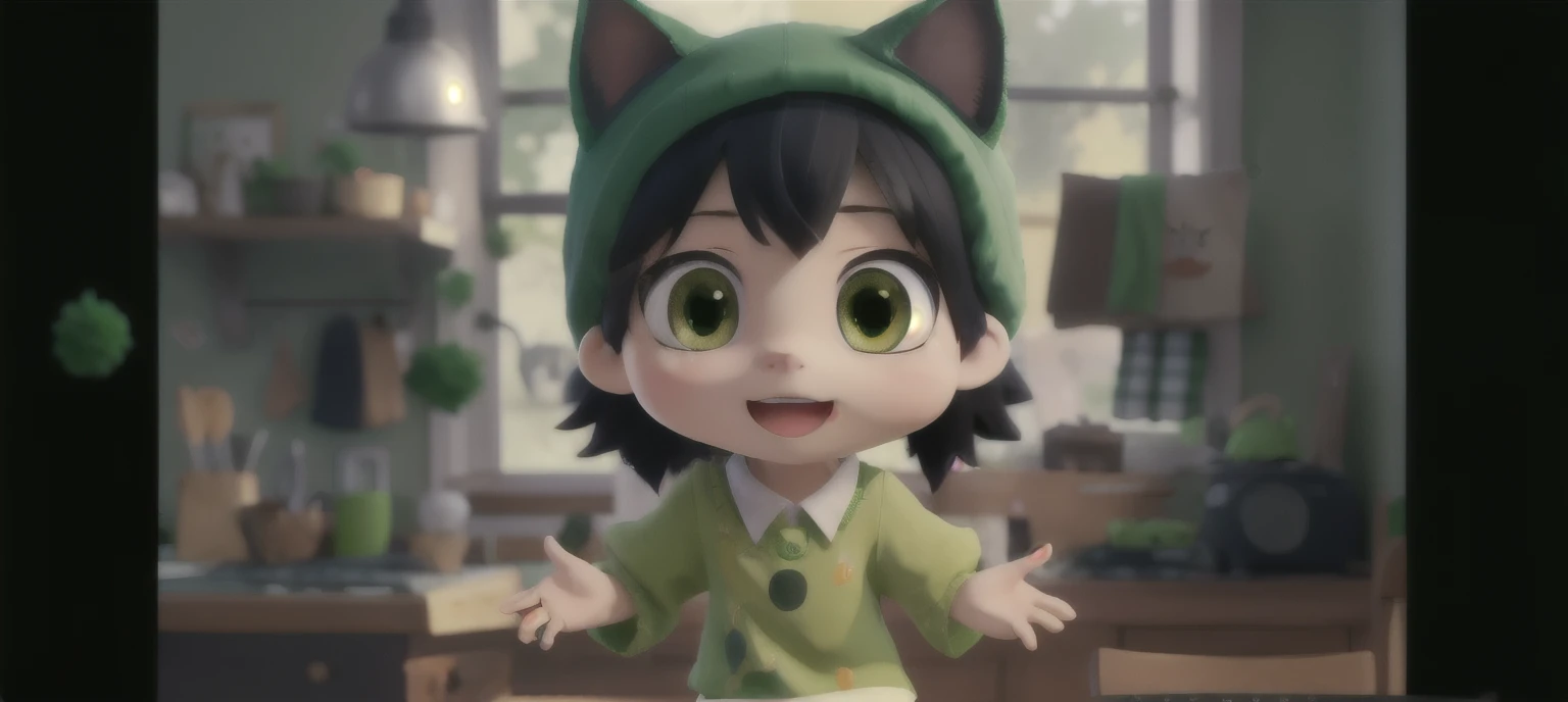 anime girl with a cat hat and a green shirt, cute!! chibi!!! catgirl, 