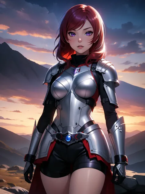 (Masterpiece, Best Quality, High Quality), facing viewer,volumetric lighting, illustration, beautiful, perfect lighting, perfect shadows,Nishikino maki , cowboy shot, (silver armor:1.2), short shorts, thighs, solo, purple eyes ,red hair ,in mountains,under...