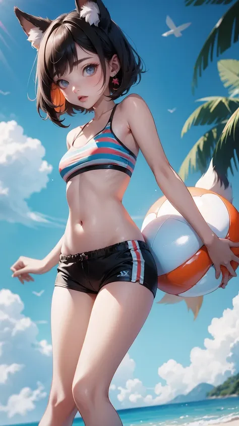 cute girl, masterpiece,high resolution, shorts, 1 girl, ball, tail,animal_ear, swimsuit, short_shorts, striped, bikini, fox_ear,...