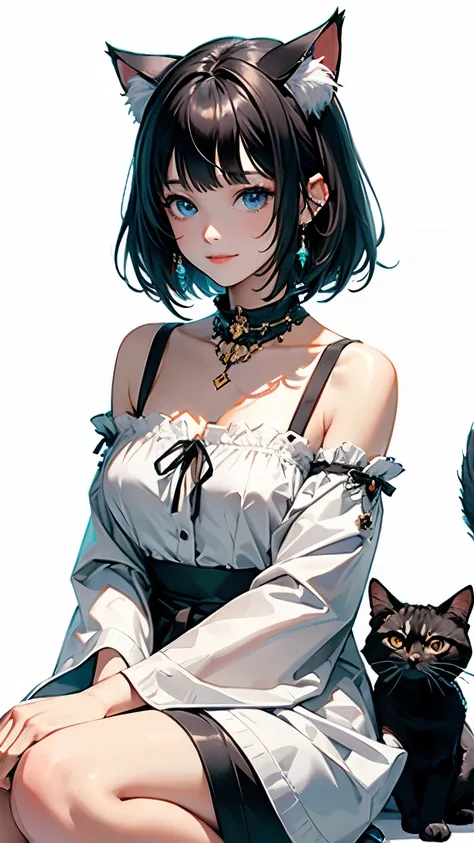 (highest quality, masterpiece, High resolution)、(anime art)、,cinematic light、soft light、girl、black hair、Calico costume、Loose T-shirt、Cat ear、bob cut、hair ornaments、choker、enchanting smile、Medium chest、cat pose、Cat jarashi、((white background))、