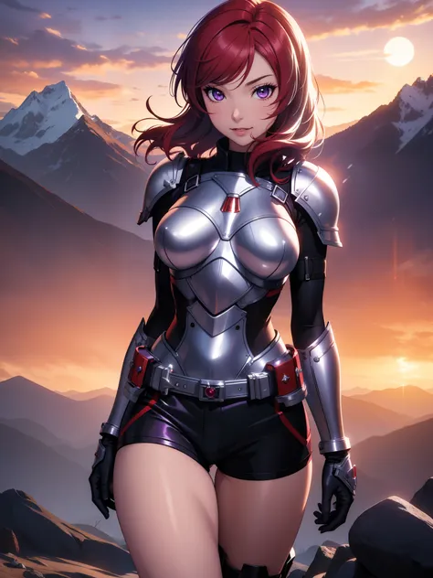 (Masterpiece, Best Quality, High Quality), facing viewer,volumetric lighting, illustration, beautiful, perfect lighting, perfect shadows,Nishikino maki , cowboy shot, (silver armor:1.2), short shorts, thighs, solo, purple eyes ,red hair ,in mountains,under...