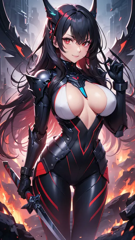 最high quality、best image quality、masterpiece、android girl((18-year-old、 By becoming、vest bust、medium bust,wide open breast tea、red glowing eyes, water hair、messy hair、long hair、thin,highest valley、Blue robot body、Shiny red body、Close ~ eyes、attack、Show the...