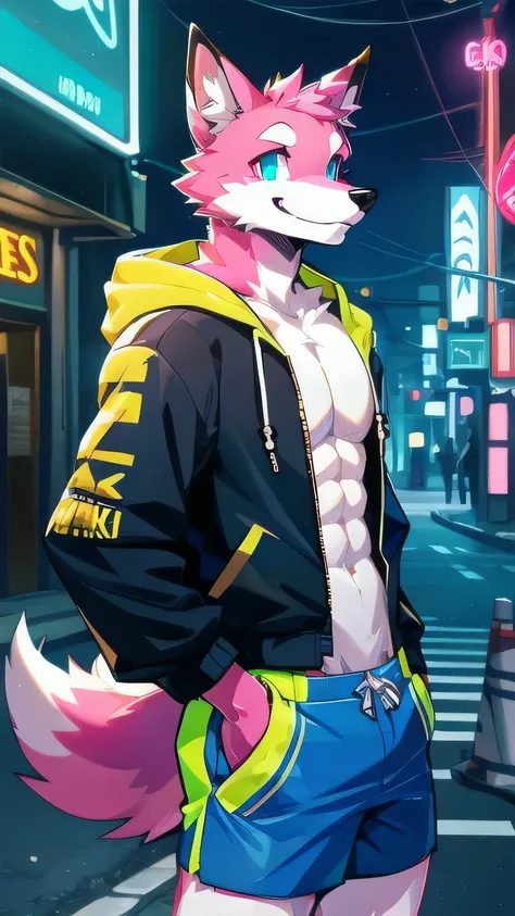 Anthropomorphic fox, In good condition, Pink fur, (Exquisite details), Smile, Handsome, OK, Hooded Jacket Blue Shorts, On the Street, cyber city, Neon lights, canine, male, giggle, (Slim, muscular, exquisite eyes), naked, 