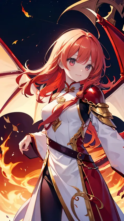 ,girl,best image quality,,Flame-haired Shakugan,crimson hair,, white skin,,long hair,,Ao dai,leather armor,wilderness,,,,Dragon Wings,dragon horn,Dragon&#39;s Tail,,,,